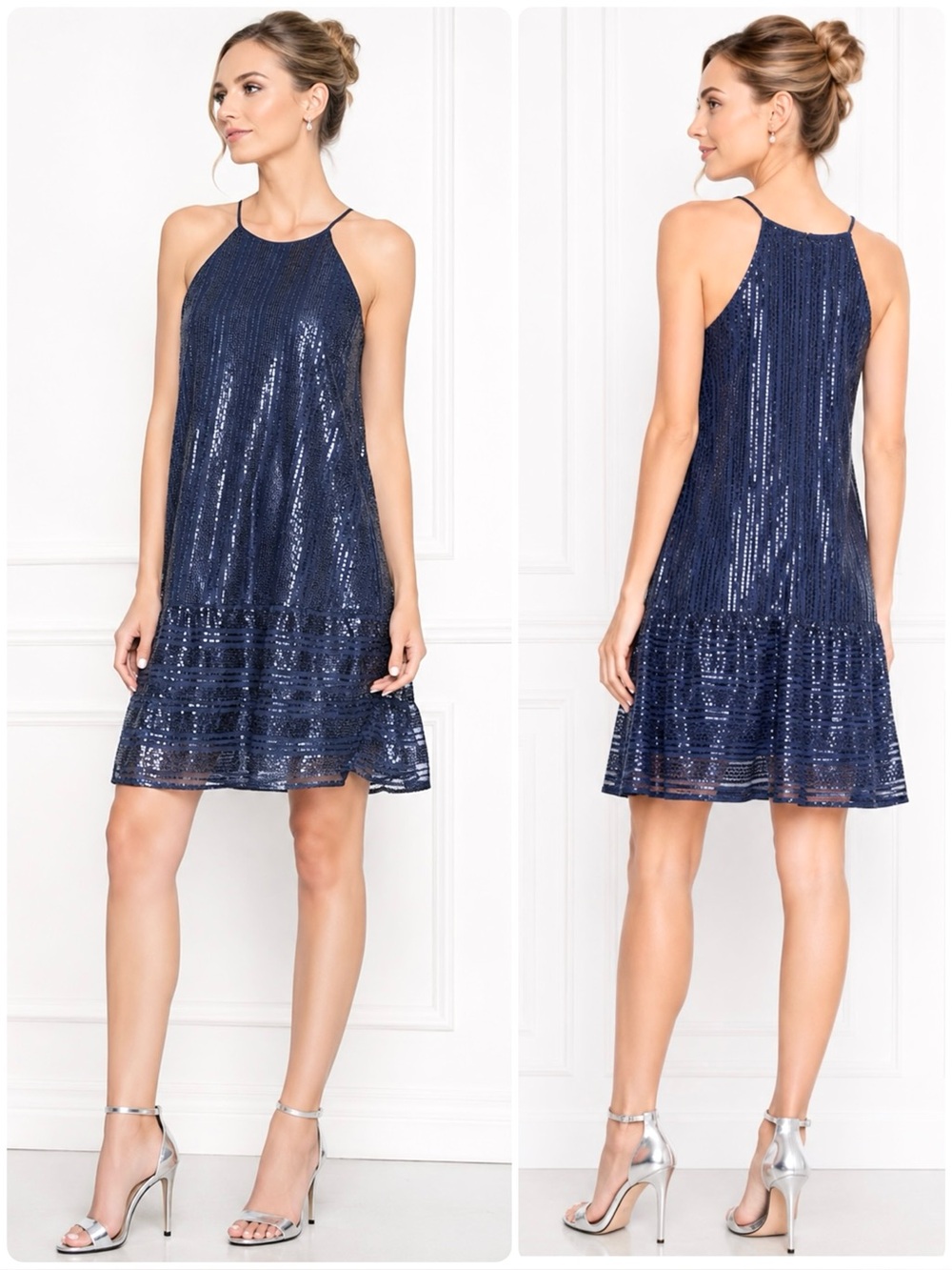 CeCe Sequin Halter Party Shift Dress Ruffle Trim Spaghetti Straps Knee Length